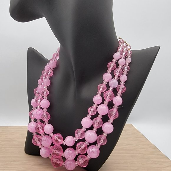 Pink Three-Strand Beaded Necklace with Hook Clasp - Picture 4 of 7
